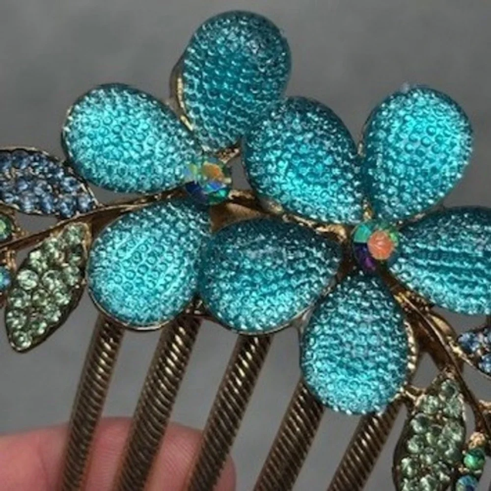 Gold Tone Turquoise Floral Rhinestone Hair Comb Crystal Leaf Bridal‎ Accessory